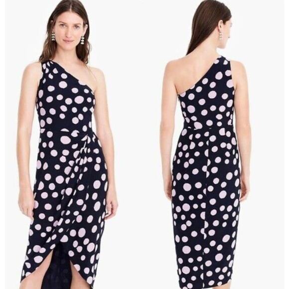 J.Crew Women’s One-Shoulder 100% Silk Dress in Polka-Dot Navy Blue Purple Sz 4 - Picture 1 of 9